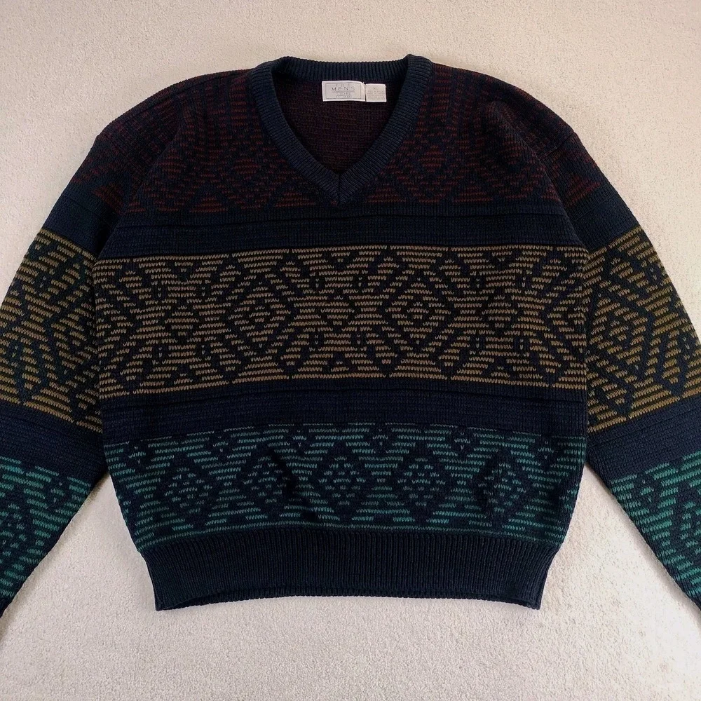 VTG Sears Men's Store V Neck Sweater Men's XL Multi Geometric Aztec Knit 90's